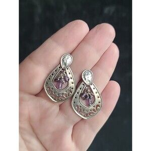 925 Sterling Silver Filigree Beaded Amethyst Dangling Pierced Earrings Vintage